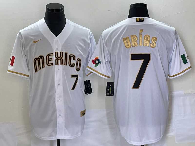Mens Mexico Baseball #7 Julio Urias Number 2023 White Gold World Baseball Classic Stitched Jersey